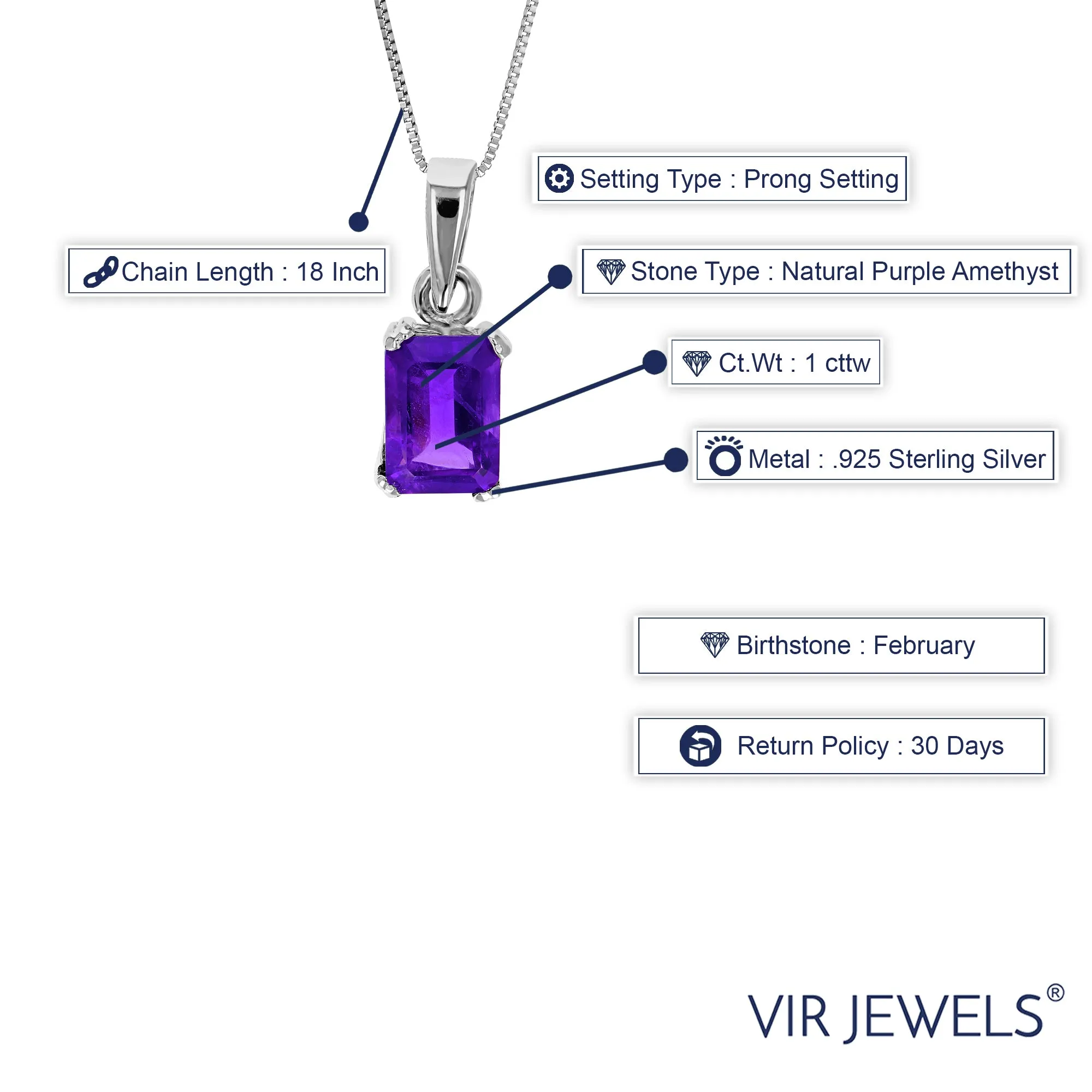 1 cttw Pendant Necklace, Purple Amethyst Emerald Shape Pendant Necklace for Women in .925 Sterling Silver with Rhodium, 18 Inch Chain, Prong Setting