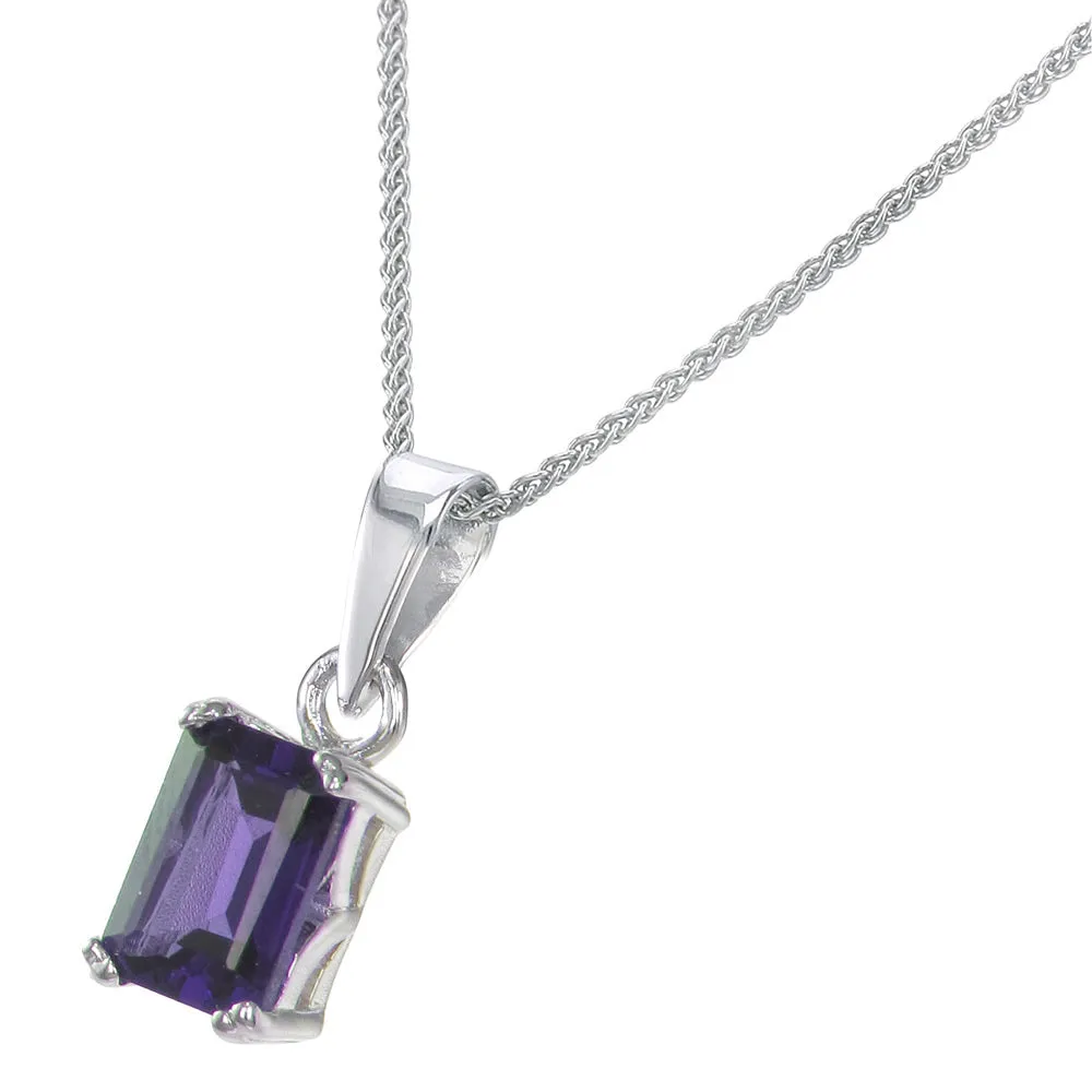 1 cttw Pendant Necklace, Purple Amethyst Emerald Shape Pendant Necklace for Women in .925 Sterling Silver with Rhodium, 18 Inch Chain, Prong Setting