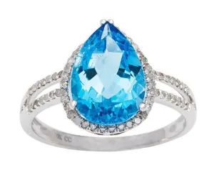 10k White Gold 3.10ct Pear-Shaped Blue Topaz and Halo Diamond Ring (1/4 cttw)