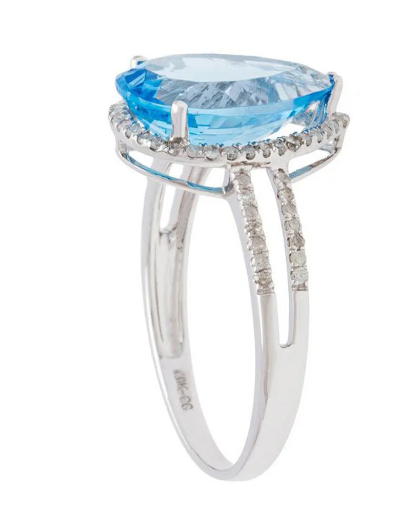 10k White Gold 3.10ct Pear-Shaped Blue Topaz and Halo Diamond Ring (1/4 cttw)