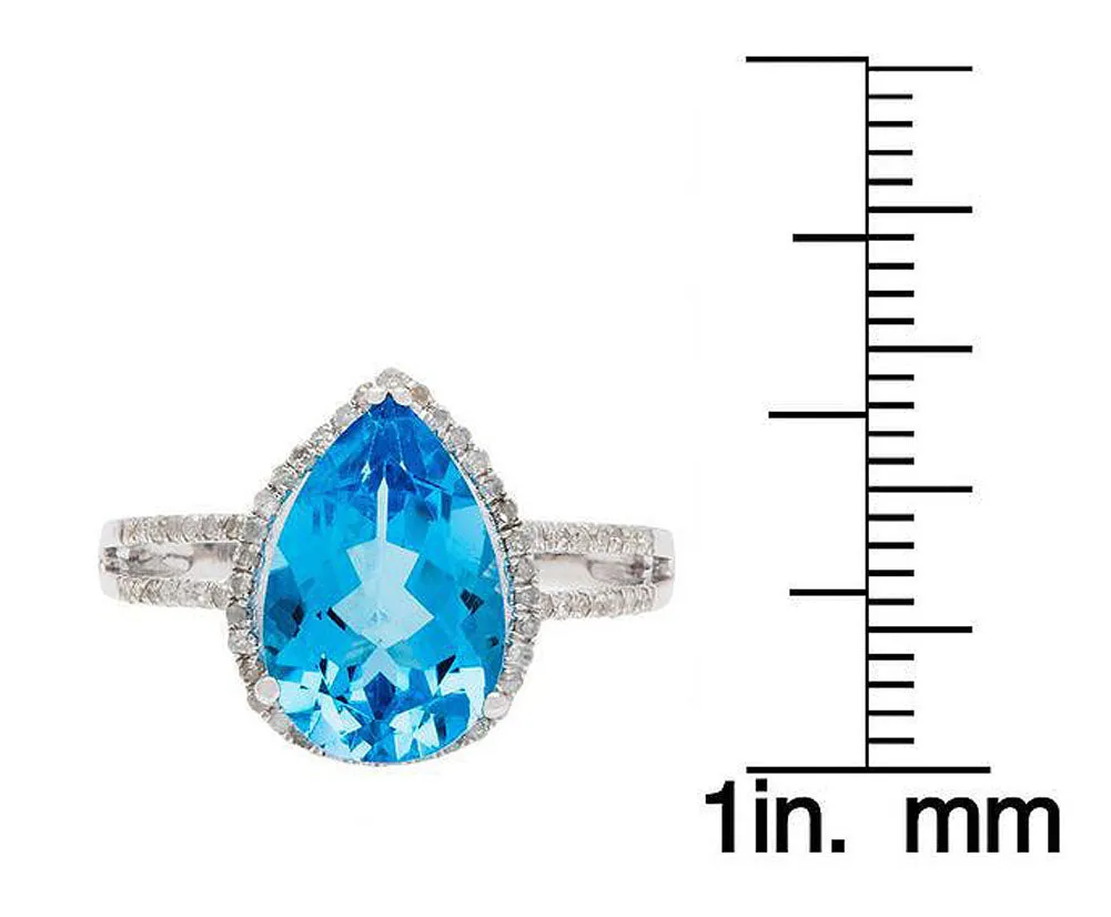 10k White Gold 3.10ct Pear-Shaped Blue Topaz and Halo Diamond Ring (1/4 cttw)