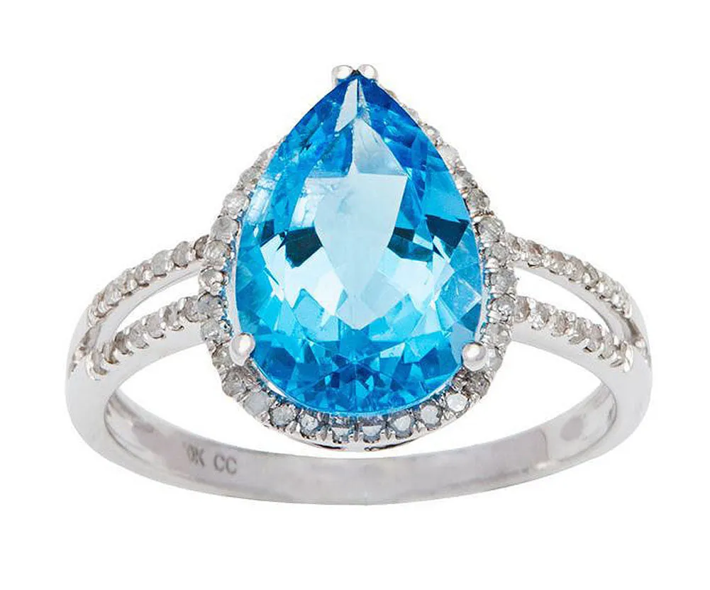 10k White Gold 3.10ct Pear-Shaped Blue Topaz and Halo Diamond Ring (1/4 cttw)