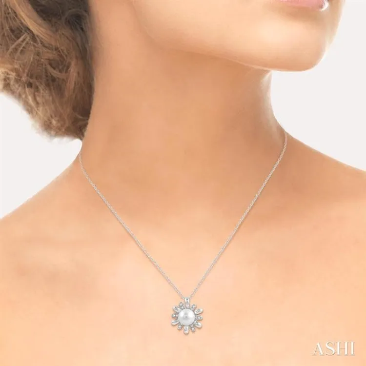 1/10 Ctw Floral 7MM Round Cultured Pearl & Round Cut Diamond Pendant With Chain in 10K White Gold