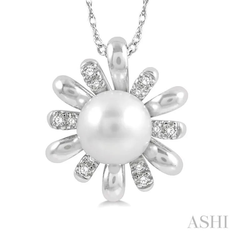 1/10 Ctw Floral 7MM Round Cultured Pearl & Round Cut Diamond Pendant With Chain in 10K White Gold
