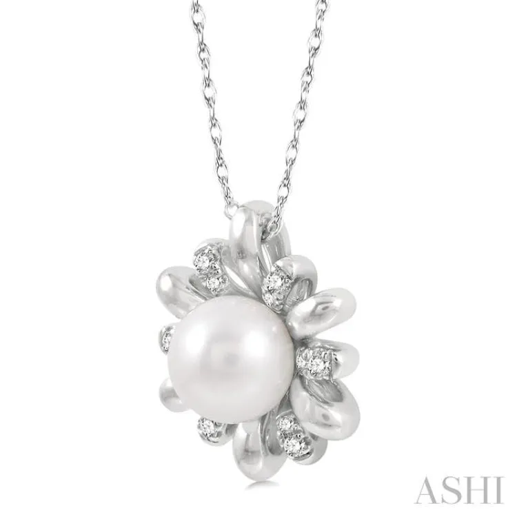 1/10 Ctw Floral 7MM Round Cultured Pearl & Round Cut Diamond Pendant With Chain in 10K White Gold