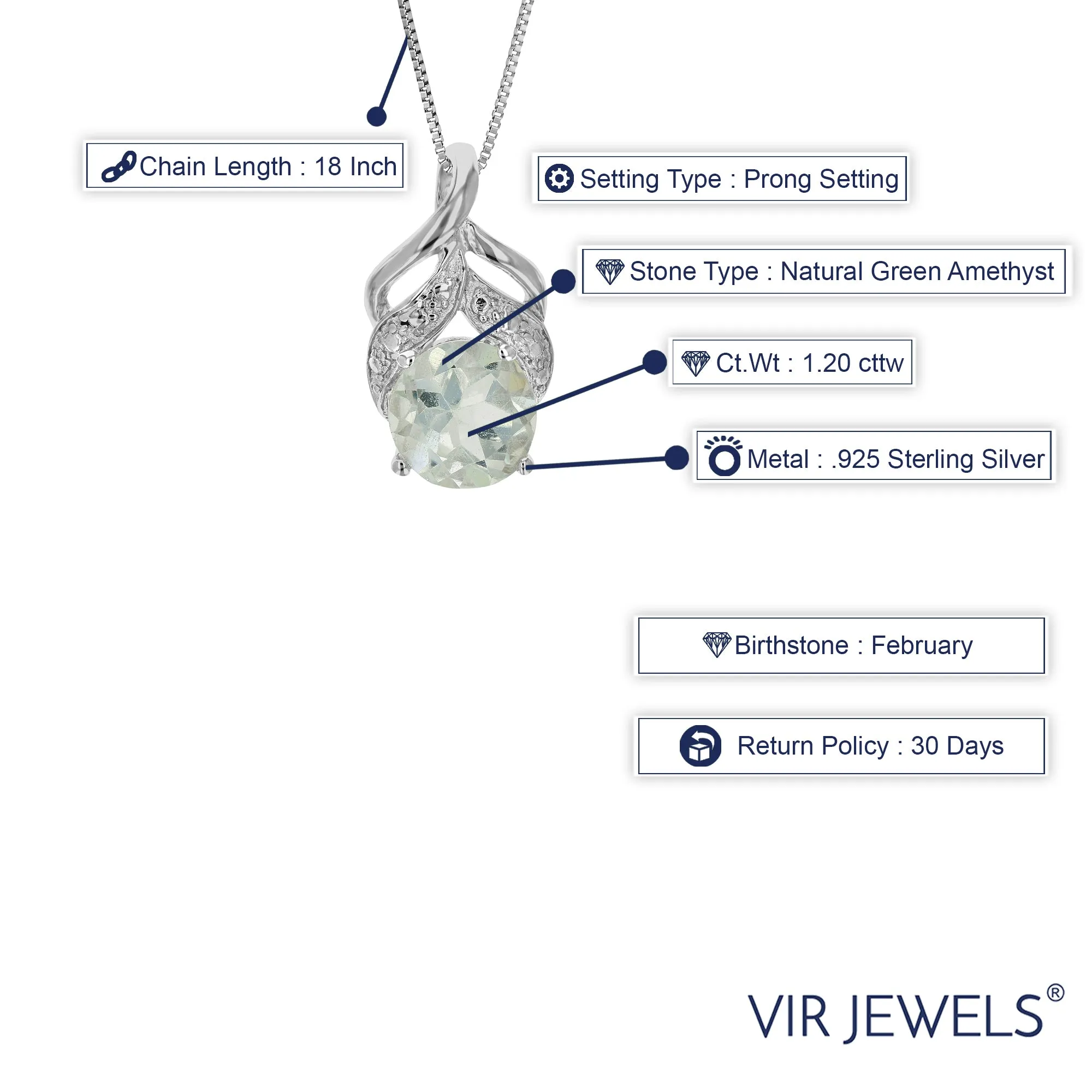 1.20 cttw Pendant Necklace, Green Amethyst Pendant Necklace for Women in .925 Sterling Silver with Rhodium, 18 Inch Chain, Prong Setting