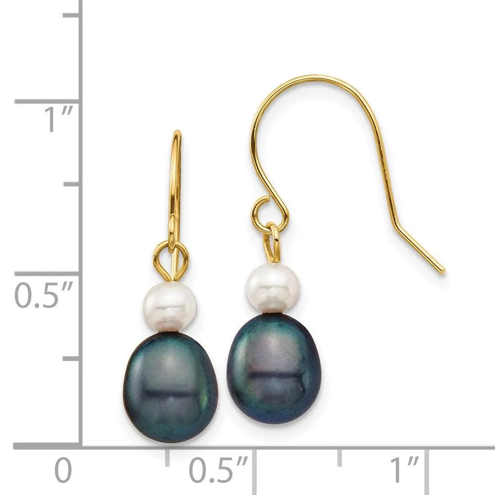 14k 4-7mm White/Black Round/Rice FW Culutured Pearl Dangle Earrings