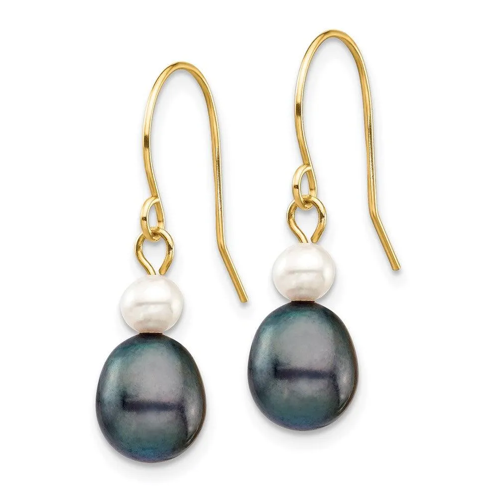 14k 4-7mm White/Black Round/Rice FW Culutured Pearl Dangle Earrings