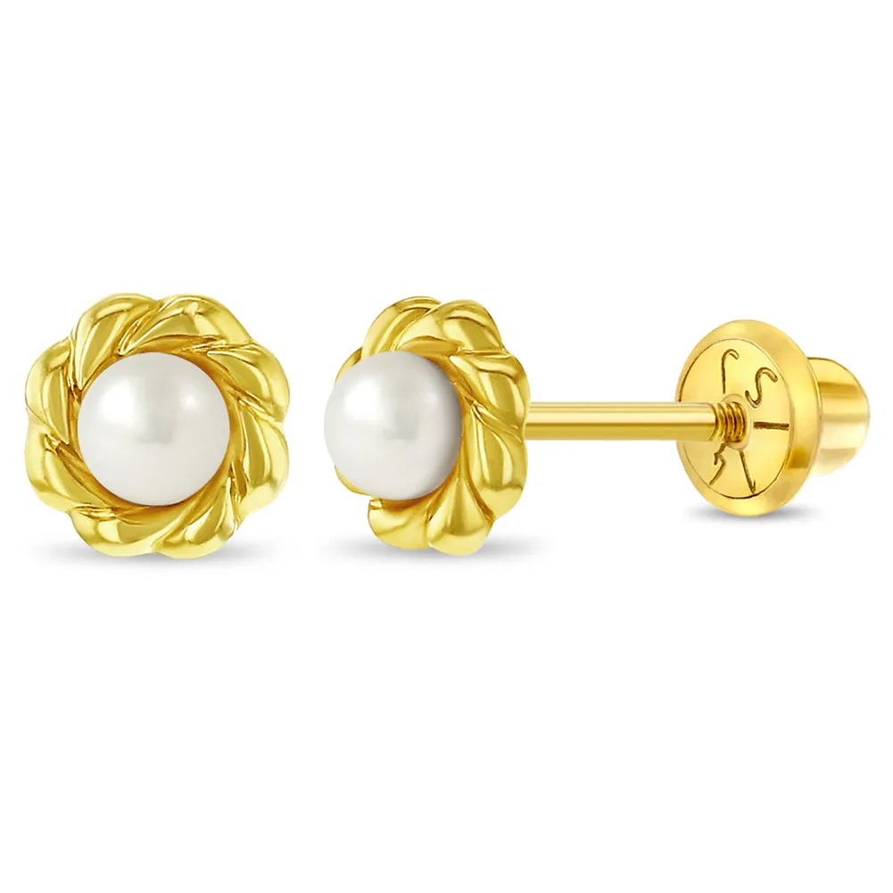 14k Gold Elegant Freshwater Pearl Kids / Children's / Girls Earrings Safety Screw Back