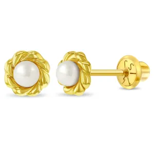 14k Gold Elegant Freshwater Pearl Kids / Children's / Girls Earrings Safety Screw Back