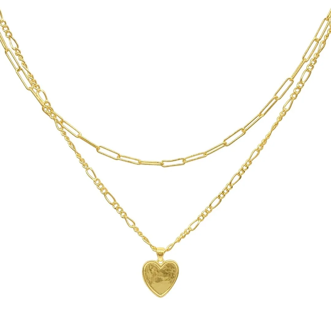 14k Gold Plated Paper Clip and Figaro Heart Chain Set