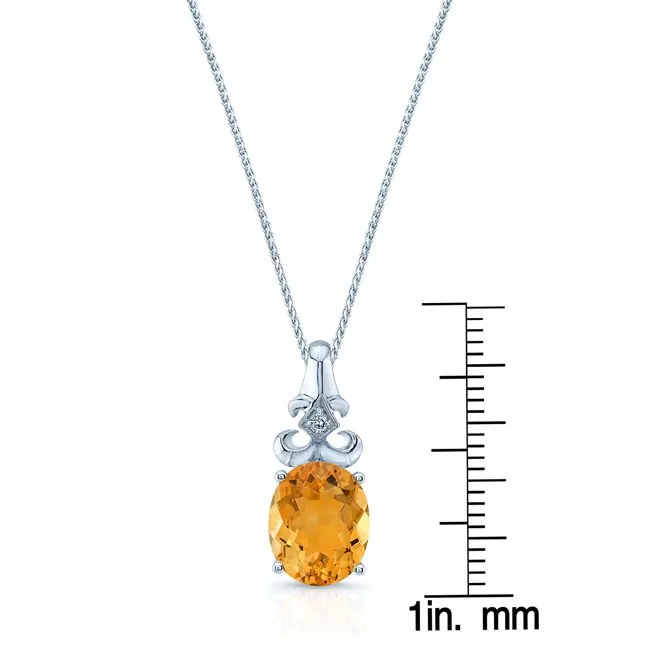 14k White Gold 11x9mm  Oval Citrine & Diamond Pendant