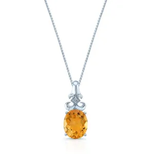 14k White Gold 11x9mm  Oval Citrine & Diamond Pendant