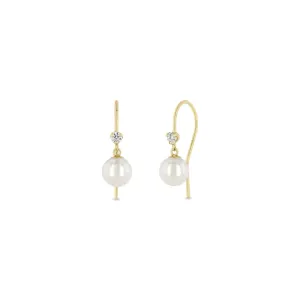 14KY Prong Diamond & Dangling Pearl Hook Earrings
