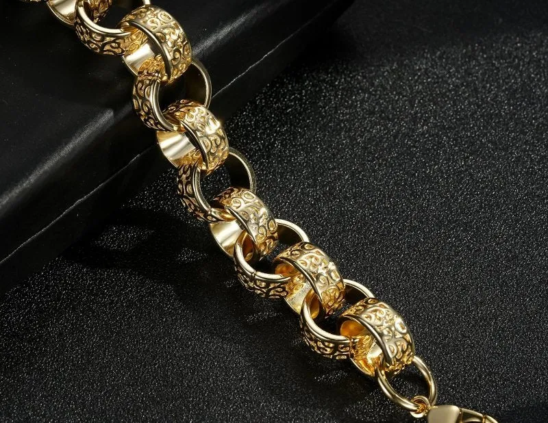 15mm Gold Ornate Belcher Bracelet 8.5/9.5 Inch