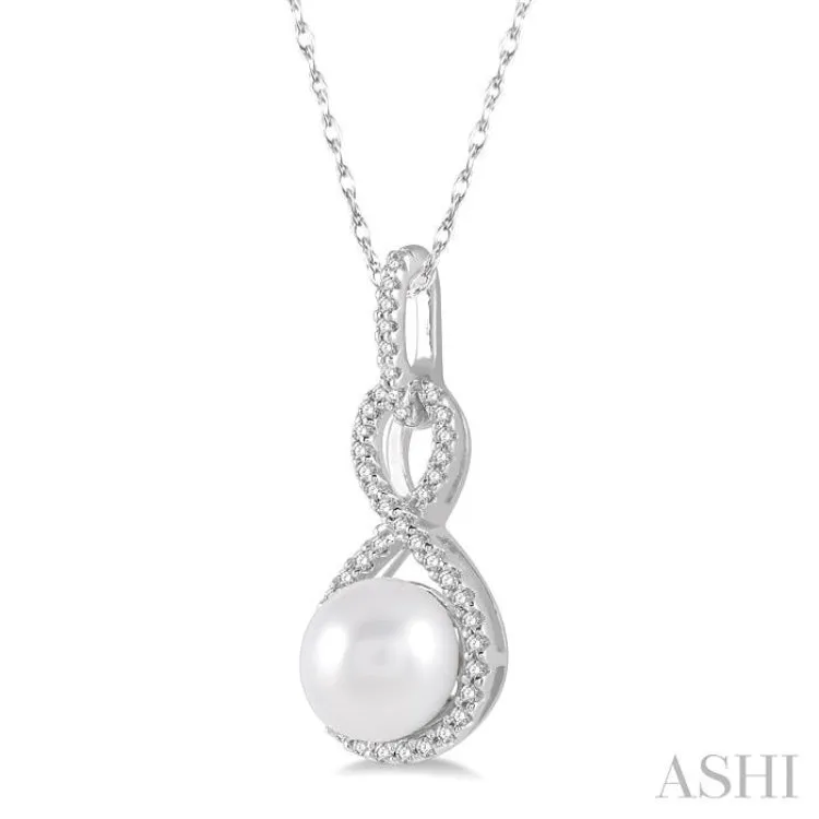 1/6 Ctw Twisted Loop 7x7MM Cultured Pearl & Round Cut Diamond Pendant With Chain in 10K White Gold