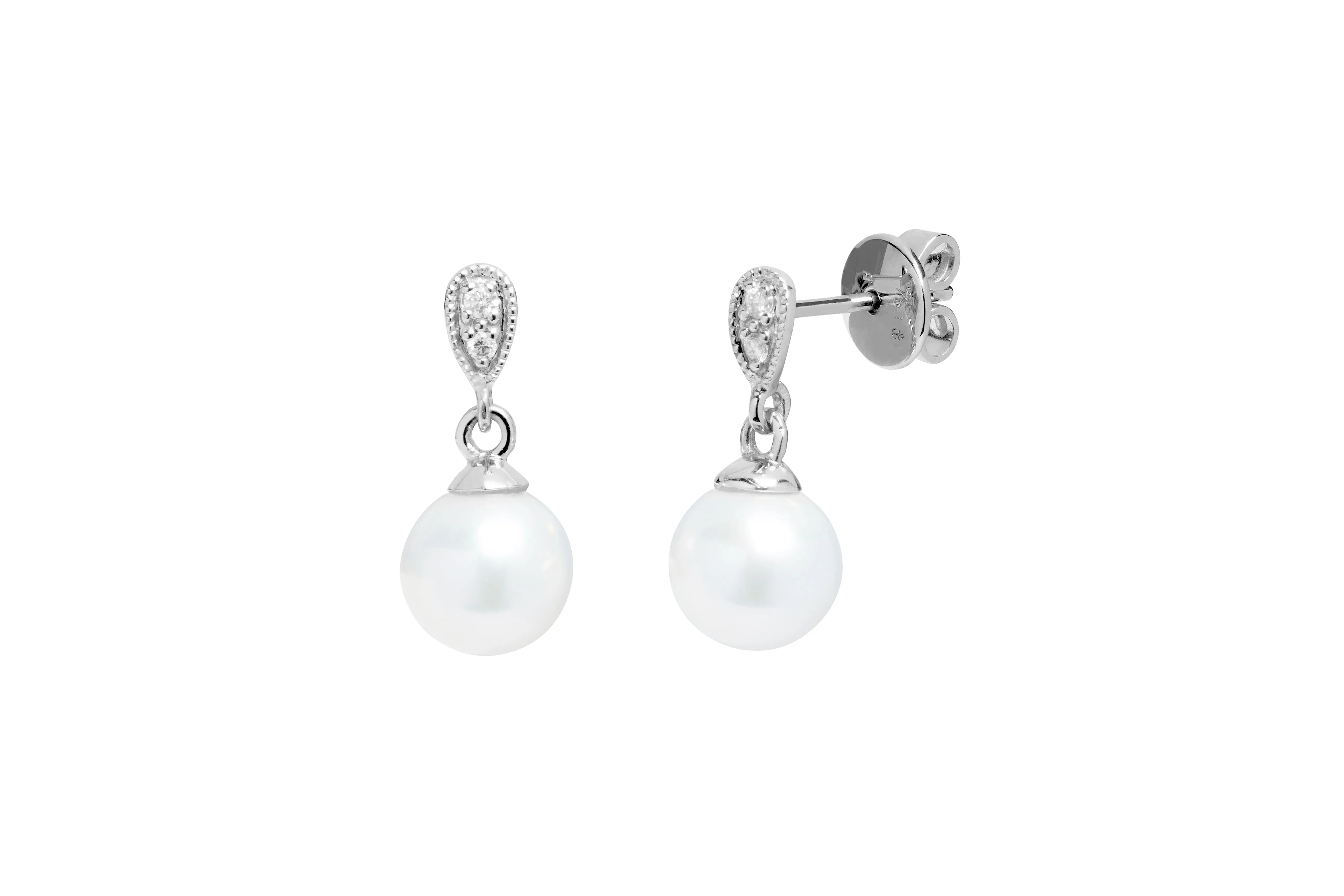 18ct White Gold 7-7.5mm White Freshwater Pearl & Diamond Drop Earrings
