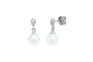 18ct White Gold 7-7.5mm White Freshwater Pearl & Diamond Drop Earrings