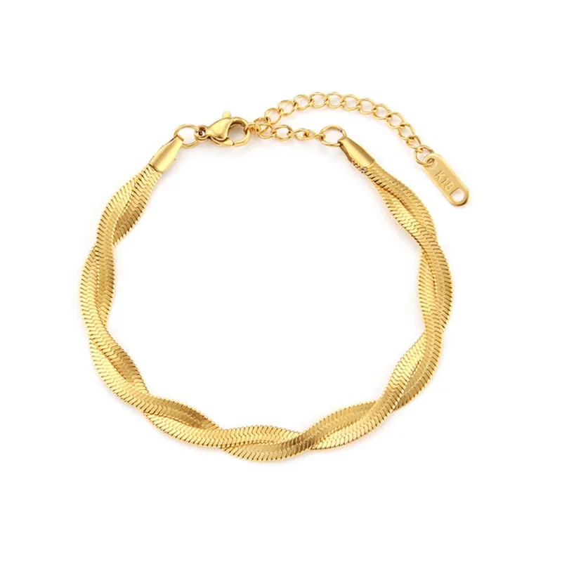 18K Gold Plated Waterproof Braided New Herringbone Chain Necklace Bracelets Set