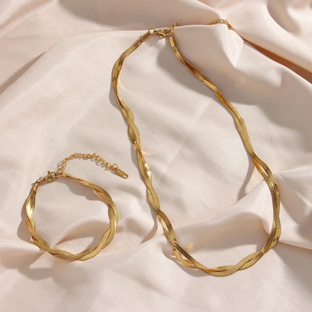 18K Gold Plated Waterproof Braided New Herringbone Chain Necklace Bracelets Set