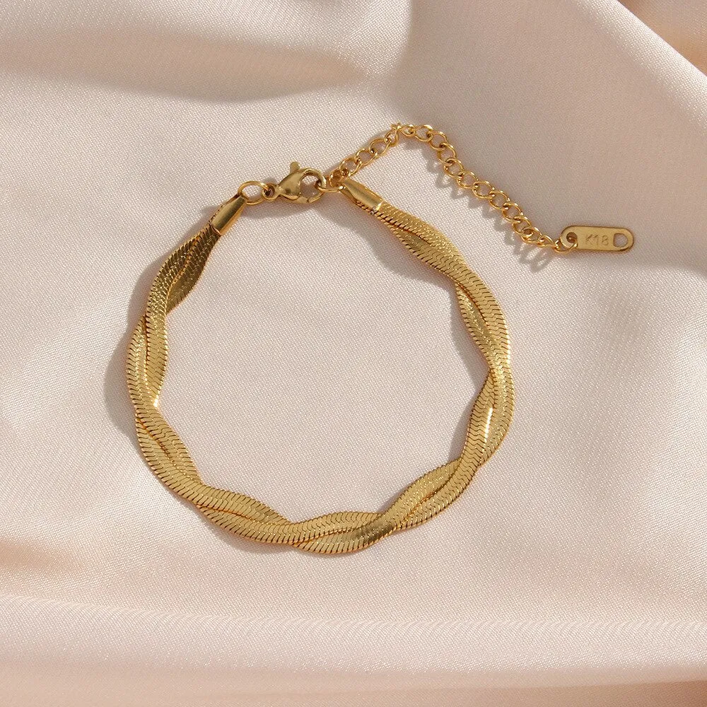 18K Gold Plated Waterproof Braided New Herringbone Chain Necklace Bracelets Set