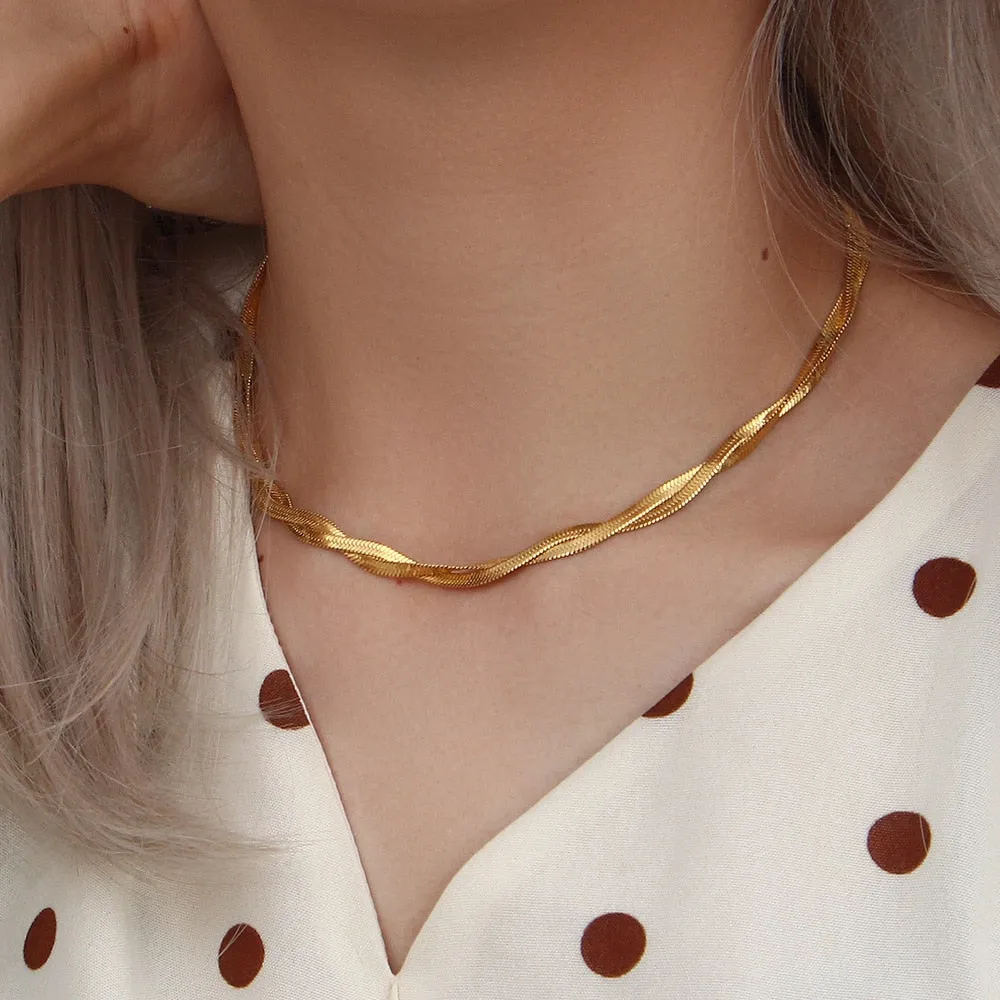 18K Gold Plated Waterproof Braided New Herringbone Chain Necklace Bracelets Set