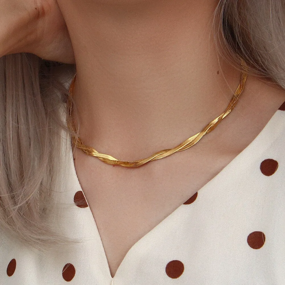 18K Gold Plated Waterproof Braided New Herringbone Chain Necklace Bracelets Set