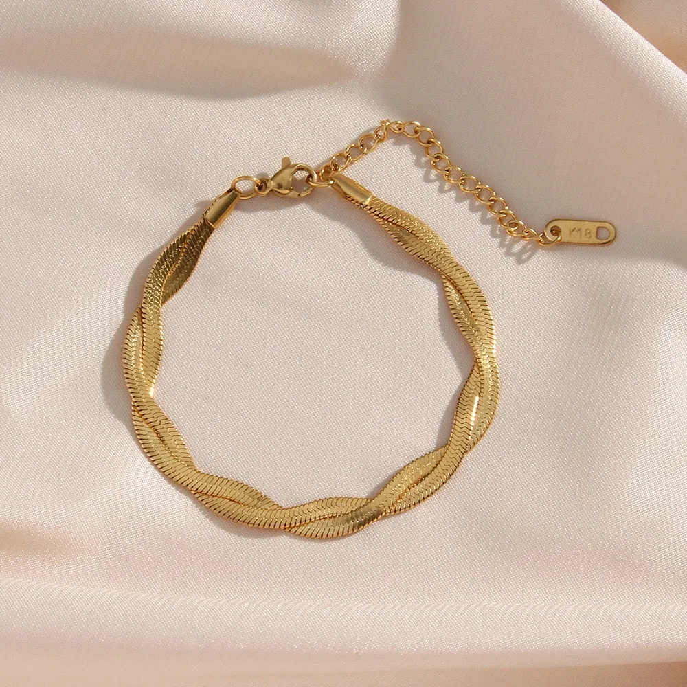 18K Gold Plated Waterproof Braided New Herringbone Chain Necklace Bracelets Set