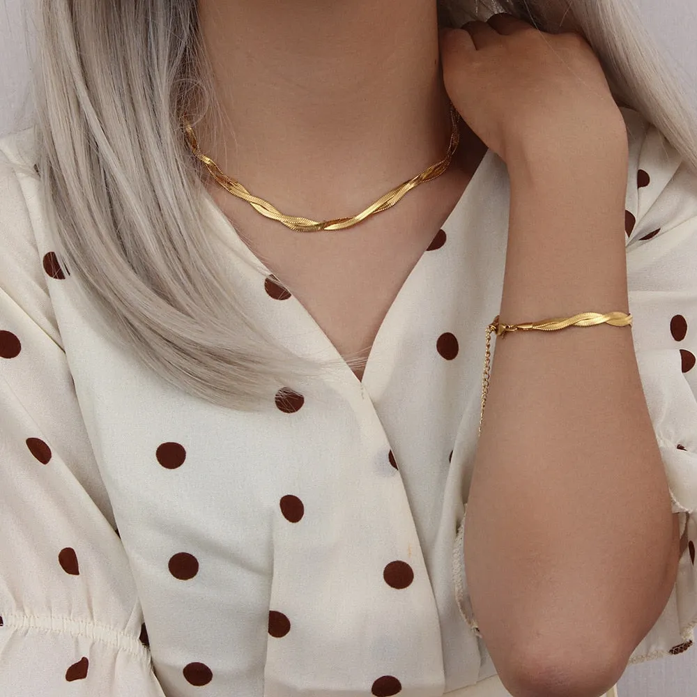 18K Gold Plated Waterproof Braided New Herringbone Chain Necklace Bracelets Set