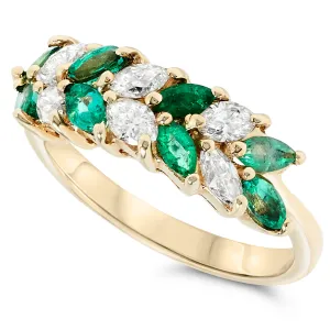 18k Yellow Gold Atlernating Marquise Green Emerald and Diamond Band Ring