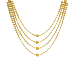 22K Yellow Gold Multi-Layer Necklace W/ Four Strands, Centered Balls & Tubular Beads