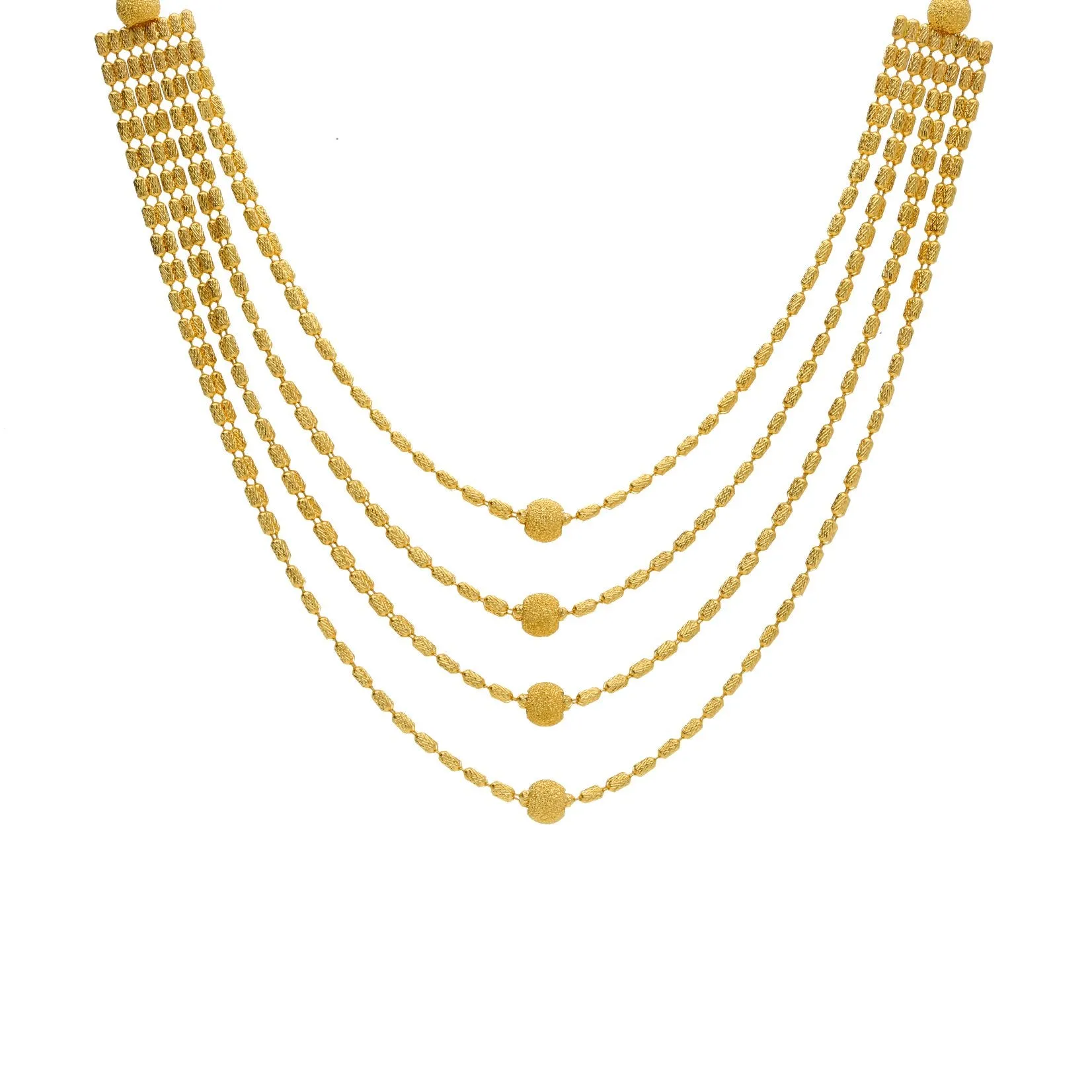22K Yellow Gold Multi-Layer Necklace W/ Four Strands, Centered Balls & Tubular Beads