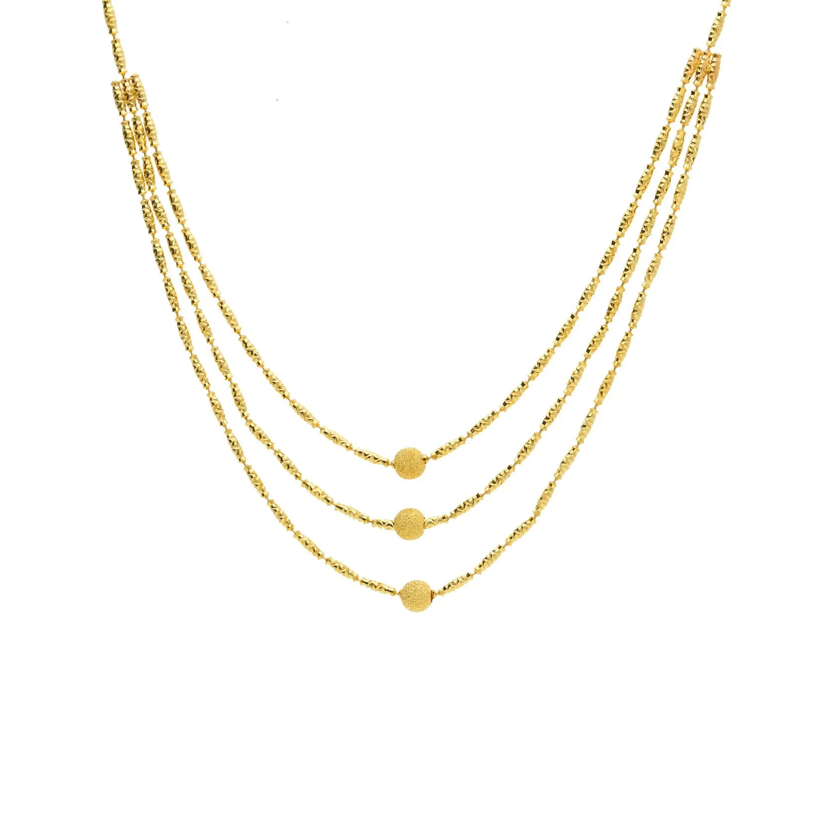 22K Yellow Gold Triple-Strand Necklace W/ Centered Balls & Tubular Beads