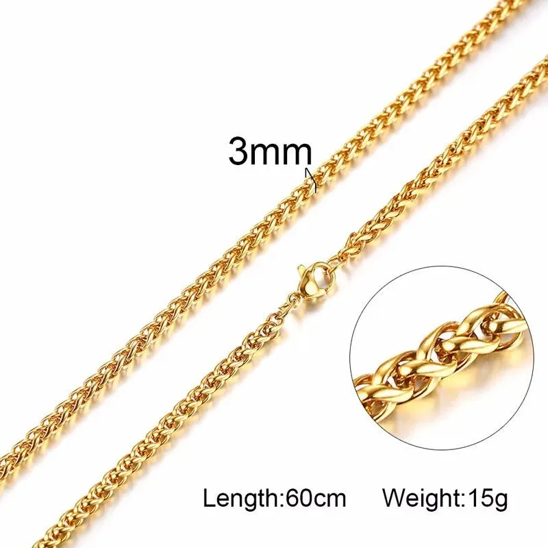 3-7MM Wide Men Stainless Steel Wheat Spiga Franco Chain Necklace