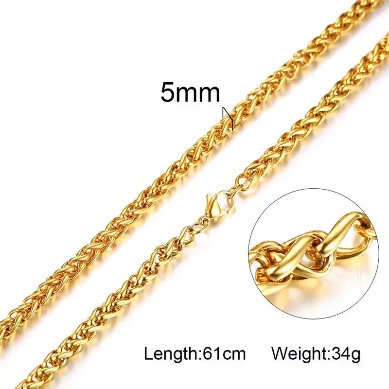 3-7MM Wide Men Stainless Steel Wheat Spiga Franco Chain Necklace