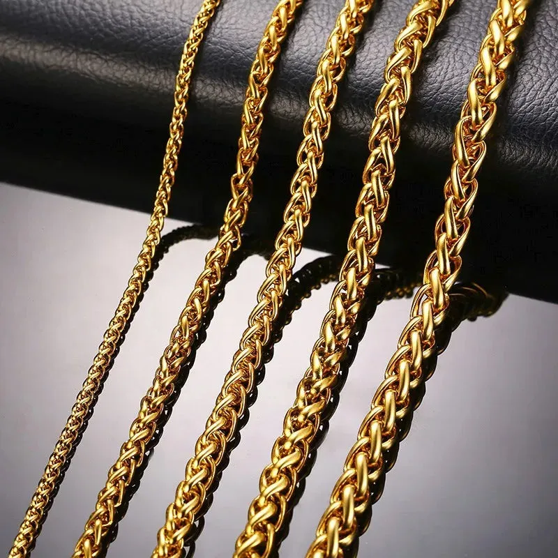 3-7MM Wide Men Stainless Steel Wheat Spiga Franco Chain Necklace