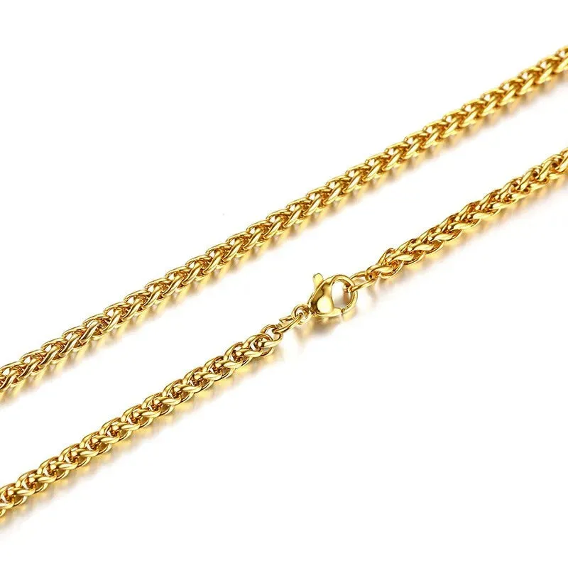 3-7MM Wide Men Stainless Steel Wheat Spiga Franco Chain Necklace