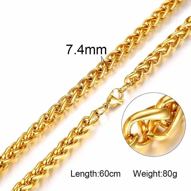3-7MM Wide Men Stainless Steel Wheat Spiga Franco Chain Necklace
