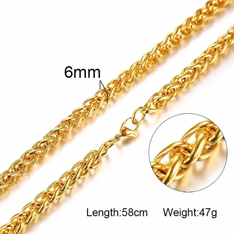 3-7MM Wide Men Stainless Steel Wheat Spiga Franco Chain Necklace