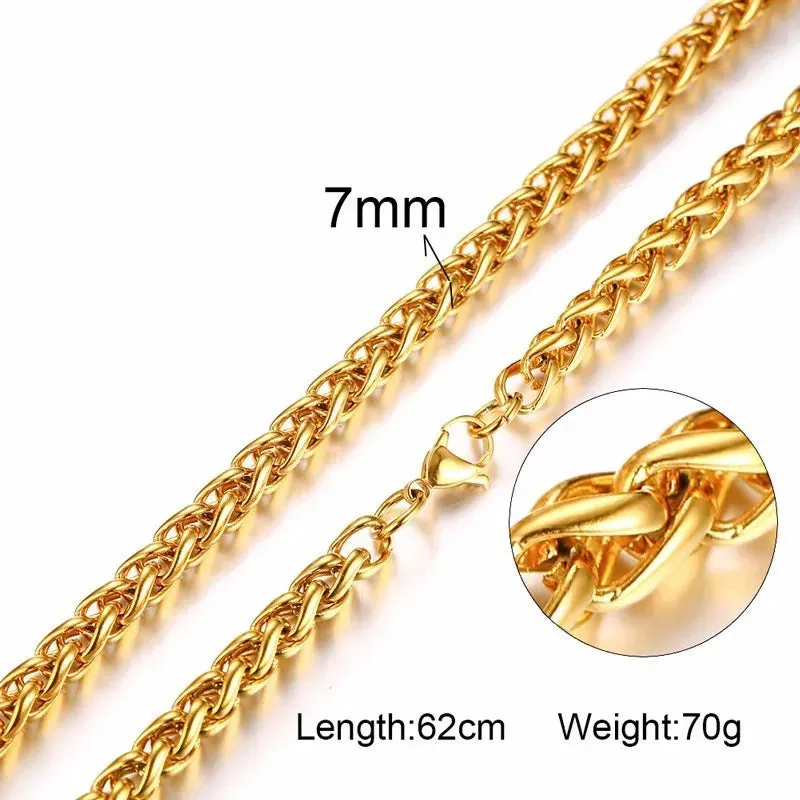 3-7MM Wide Men Stainless Steel Wheat Spiga Franco Chain Necklace