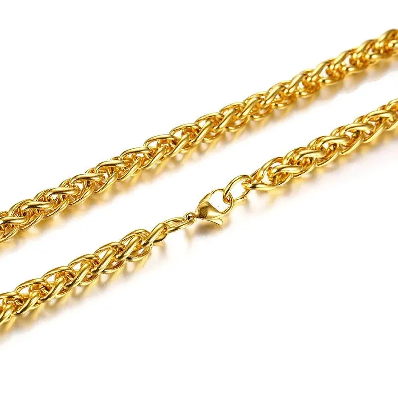 3-7MM Wide Men Stainless Steel Wheat Spiga Franco Chain Necklace