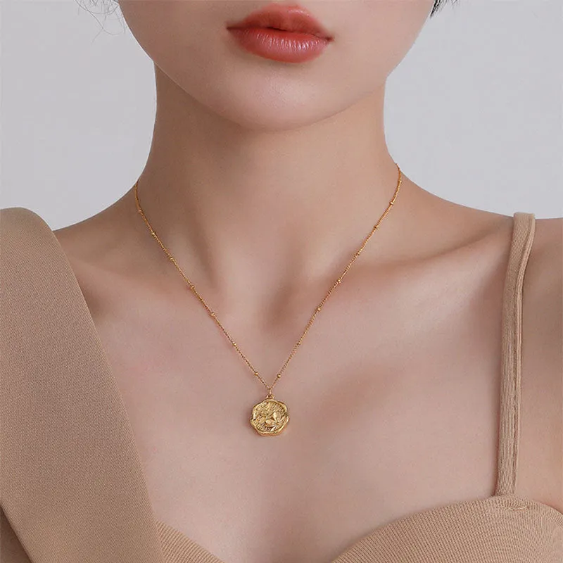 316L Stainless Steel Gold Color Round Relief Flowers Pendant Necklace For Women