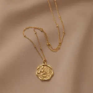 316L Stainless Steel Gold Color Round Relief Flowers Pendant Necklace For Women