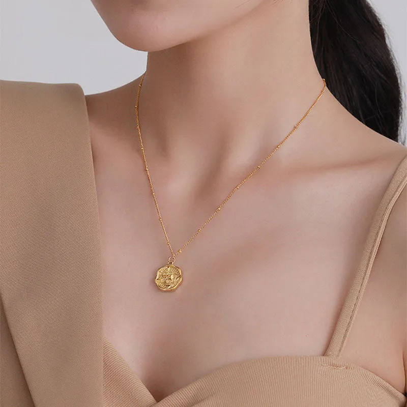 316L Stainless Steel Gold Color Round Relief Flowers Pendant Necklace For Women