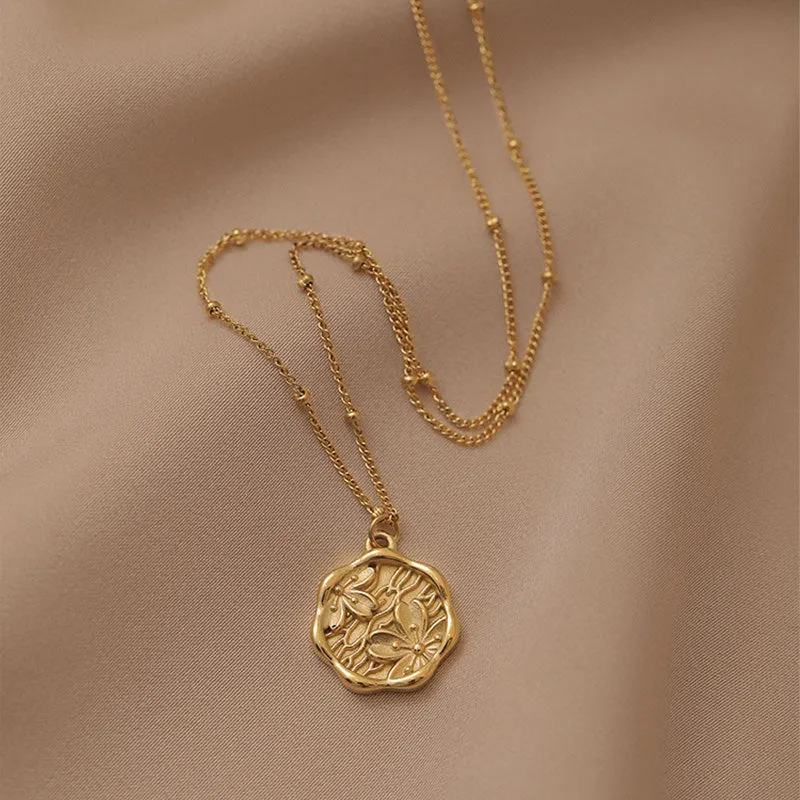 316L Stainless Steel Gold Color Round Relief Flowers Pendant Necklace For Women