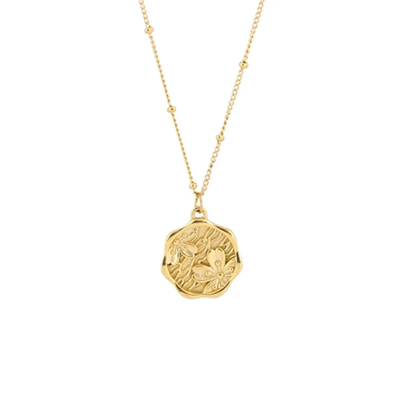 316L Stainless Steel Gold Color Round Relief Flowers Pendant Necklace For Women