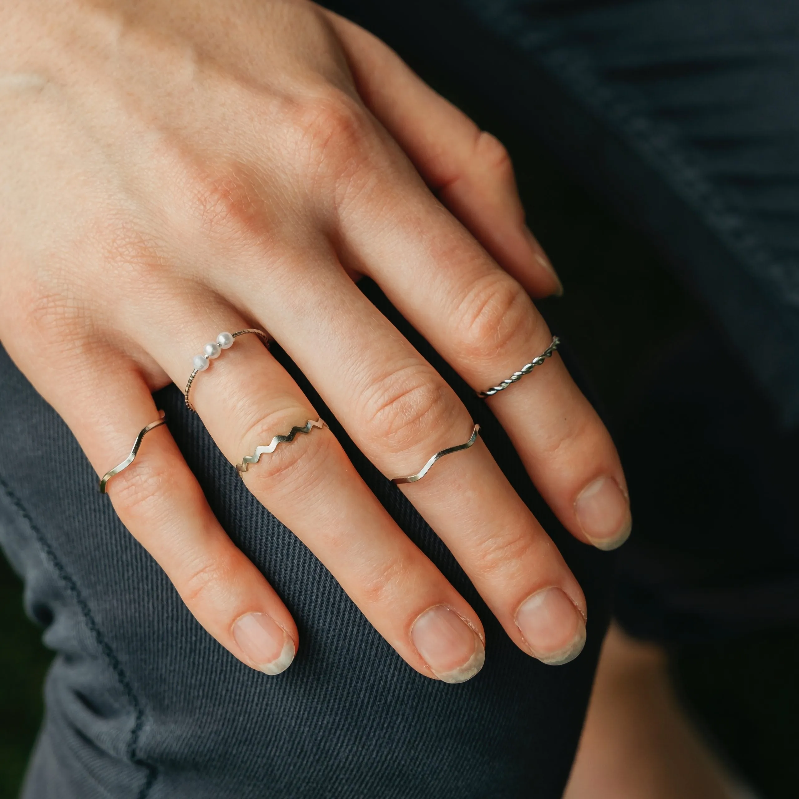 5 Piece Slim Silver Bohemian Pearl Tribal midi Stackable Ring Set