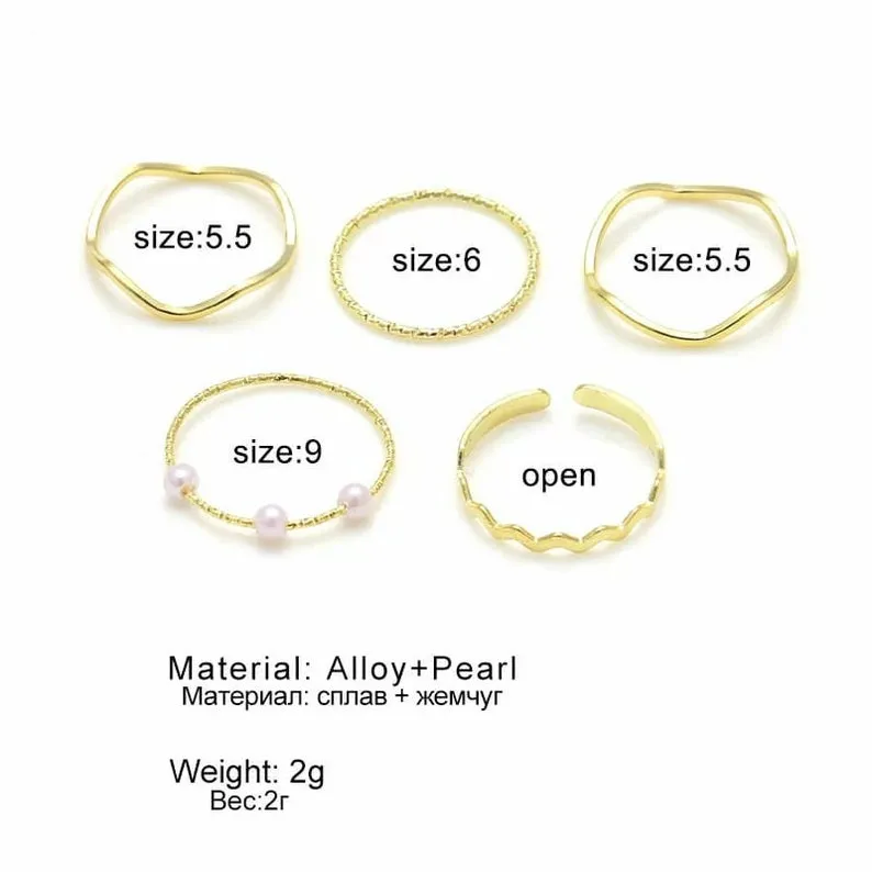 5 Piece Slim Silver Bohemian Pearl Tribal midi Stackable Ring Set