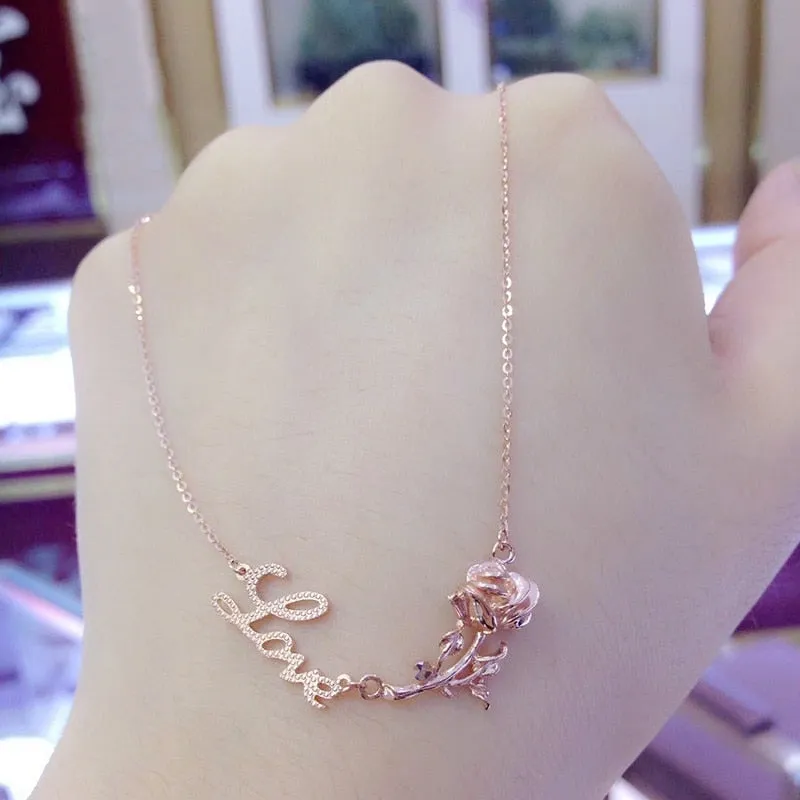 585 Purple Gold Glossy Rose Flower Letter Necklace Pendant