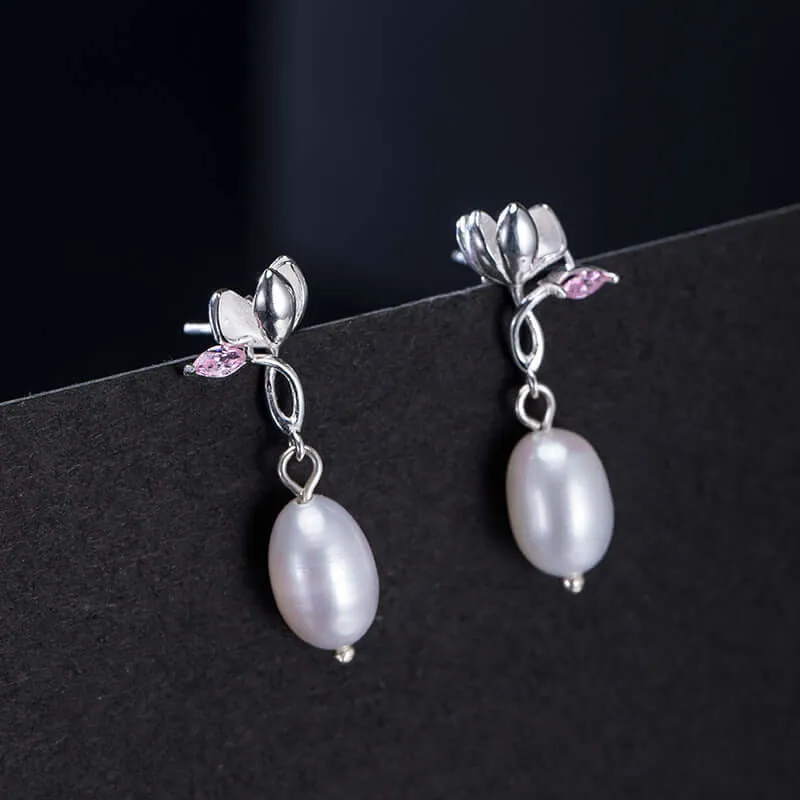 925 Silver Magnolia Flower CZ Diamond Earrings